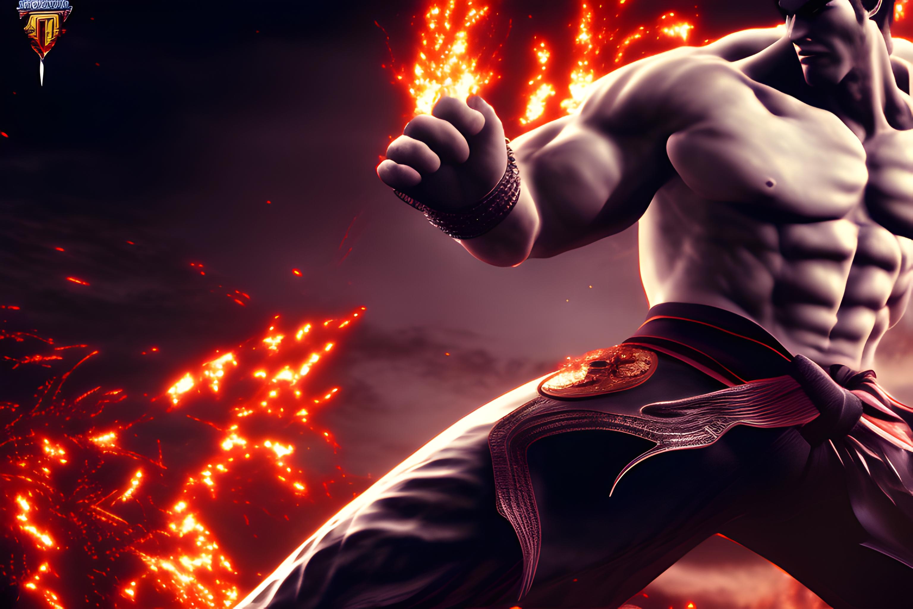 basado en tekken 8, batalla final jin kazama contra kazuya, estilo realista, HD, golpe de Jin y Kazuya en el cielo por el golpe electrico
